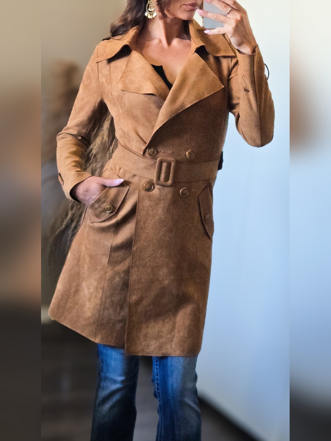 Marfinno Faux Suede Trench Coat Belted Brown Western Boho Jacket Xs/S